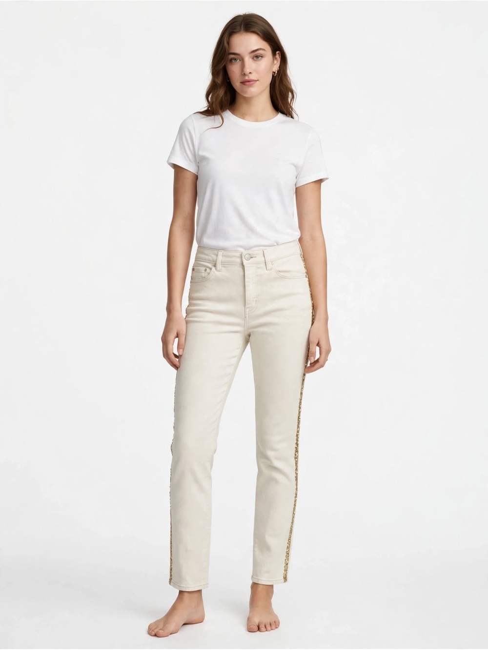 Talbots 10p straight leg Jean cream with gold sequin side stripe